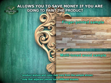 Load image into Gallery viewer, The image is a promotional advertisement for Master Oak Paint, featuring a wooden panel with a decorative scrollwork design and a finger-jointed sample of multi-toned wood. The text on the image provides information about the paint product, including the "product texture and color may vary from the sample shown" and "note that adjacent pieces have different shades".