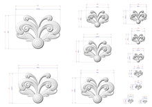 Load image into Gallery viewer, a collection of various sizes of decorative white floral designs, each accompanied by its own set of measurements. The designs are arranged in a grid format, with each row representing a different size and the columns representing the different types of designs. The image does not contain any text or additional elements that would require a more detailed description.