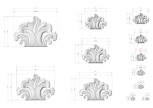 Load image into Gallery viewer, a collection of stylized, decorative white sculptures or designs, each accompanied by a set of measurements in centimeters. The sculptures vary in size and shape, showcasing a range of artistic styles and dimensions.