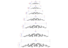 Load image into Gallery viewer, a series of six different designs or patterns, each with its own set of measurements and dimensions. The designs are arranged in a descending order, starting from the largest to the smallest. The image provides a clear visual representation of the sizes and proportions of the various patterns, allowing for a better understanding of the design elements.