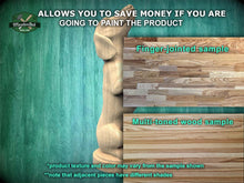Load image into Gallery viewer, The image is a promotional advertisement for Master Oak Paint, showcasing a wooden sculpture and samples of their products. The text highlights the benefits of painting the product, such as saving money and the ability to customize the product's texture and color.