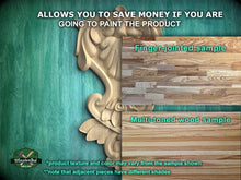 Load image into Gallery viewer, The image is a promotional advertisement for a product, specifically a type of wood. It features a close-up of a carved wooden piece and a sample of the product, along with text providing information about the product.