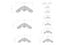 Load image into Gallery viewer, a collection of ornate, decorative designs or patterns, each accompanied by a set of measurements or dimensions. The designs appear to be in a 3D or digital format, suggesting that they may be used for a 3D printer or other similar technology. The images are arranged in a grid-like pattern, with each design placed next to its corresponding measurement. The overall layout and organization of the images create a visually appealing and informative presentation of the designs and their dimensions.