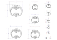 Load image into Gallery viewer, a collection of ornate, decorative white sculptures or designs, each accompanied by detailed measurements in millimeters. The sculptures vary in size and shape, showcasing a range of intricate and visually appealing patterns.