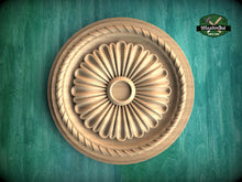 Load image into Gallery viewer, Classic Wooden Ceiling Rosette, Sunburst Carved Design, Elegant Home Feature, 1 pc, Unpainted, Decorative Rosettes