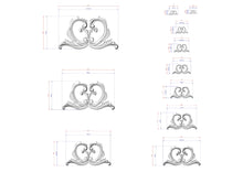Load image into Gallery viewer, a series of stylized, decorative designs or patterns, each accompanied by a set of measurements or dimensions. The designs are arranged in a grid-like pattern, with each design varying in size and complexity. The image does not contain any text or additional elements that would require a more detailed description.