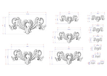 Load image into Gallery viewer, various ornate designs, including floral and scroll motifs, along with their corresponding measurements. The designs are presented in different sizes, ranging from small to large, and are arranged in a grid format. The image does not contain any text or additional elements that would require a more detailed description.