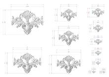 Load image into Gallery viewer, a collection of ornate, decorative designs in a 3D style, with measurements and scale details provided. The designs are in a white color and feature intricate, stylized patterns. The image is a collage of multiple images, and the descriptions provided should be avoided to prevent redundancy and maintain clarity.