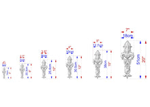 Load image into Gallery viewer, A series of sketches or drawings of a decorative object, likely a sculpture or architectural element, with measurements and scale details provided.