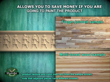 Load image into Gallery viewer, The image is a collage of two wood samples, one with a finger-jointed sample and the other with a multi-toned wood sample. The text above the images states that the samples allow you to save money if you are going to paint the product.
