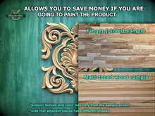 Load image into Gallery viewer, The image is a promotional advertisement for Master Oak Paint, showcasing a sample of their multi-toned wood paint. The ad highlights the benefits of using Master Oak Paint, such as saving money by painting the product, and provides a finger-jointed sample and a multi-toned wood sample to demonstrate the product's texture and color variations. The ad emphasizes that the product texture and color may vary from the sample shown, and notes that adjacent pieces have different shades.