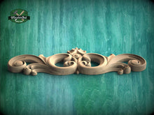 Load image into Gallery viewer, Ornate Scroll Crest with Central Bloom – Decorative Wood Accent