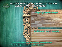 Load image into Gallery viewer, The image is a promotional image for Master Oak Paint, featuring a wooden panel with a decorative design and a finger-jointed sample of multi-toned wood. The text on the image encourages viewers to save money by painting the product, highlighting the differences between the product texture and color compared to the sample shown.