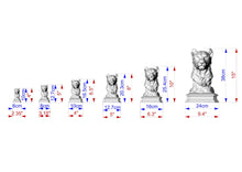 Load image into Gallery viewer, Size chart for carved wooden lioness bust statue — 6 different height options from 2.35 inches to 15 inches, shown in both inches and centimeters