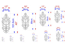 Load image into Gallery viewer, a series of decorative metal designs, each with its own unique size and shape. The designs are shown in various sizes, ranging from small to large, and are accompanied by their respective dimensions in centimeters. The image is a collection of these decorative metal designs, each with its own distinct style and measurements.