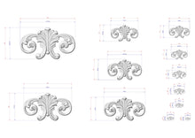 Load image into Gallery viewer, a collection of ornate, decorative designs in a 3D style, with measurements and scale details provided.