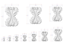 Load image into Gallery viewer, a collection of ornate, decorative white sculptures with intricate designs, each accompanied by its own set of measurements.