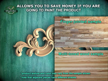 Load image into Gallery viewer, The image is a comparison of two different types of wood samples, one being a finger-jointed sample and the other being a multi-toned wood sample. The finger-jointed sample is a decorative wooden piece, while the multi-toned wood sample is a plain wooden plank. The text in the image provides information about the samples, stating that they allow you to save money if you are going to paint the product, and that the product texture and color may vary from the sample shown.