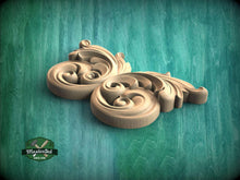 Load image into Gallery viewer, A 3D rendering of a carved wooden ornament with intricate scrollwork design, set against a green textured background.