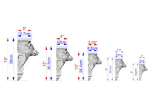 Load image into Gallery viewer, a series of five different sizes of a decorative molding or carving, each with its own unique measurements and scale. The sizes range from 5" to 15" and are labeled with the corresponding measurements in centimeters.