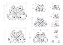 Load image into Gallery viewer, a collection of stylized, decorative designs in a 3D style, with various sizes and shapes. The designs are presented in a grid format, with each design accompanied by its respective dimensions. The image does not contain any text or additional information beyond the dimensions provided.