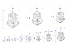 Load image into Gallery viewer, a series of white anchor designs with intricate patterns, each accompanied by its own set of measurements in centimeters. The anchors vary in size, ranging from small to large, and are displayed in a grid format with corresponding dimensions.