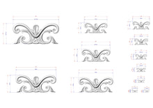 Load image into Gallery viewer, a collection of ornate, decorative designs or patterns, each accompanied by a set of measurements in centimeters. The designs are arranged in a grid format, with each row representing a different design and each column representing a different measurement. The image does not contain any text or additional elements that would require a more detailed description.