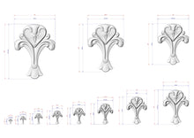 Load image into Gallery viewer, a series of three white, ornate, and stylized floral designs, each accompanied by a set of measurements in centimeters.