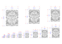 Load image into Gallery viewer, a series of ornate, decorative designs with intricate patterns and measurements. The designs are in various sizes, ranging from small to large, and appear to be intended for use in wall hangings or other decorative applications. The precise dimensions and details of the designs are provided, allowing for a clear understanding of their scale and features.