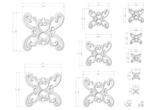 Load image into Gallery viewer, a collection of intricate, decorative designs in a white color, including various sizes and shapes of butterflies and other floral patterns. The designs are accompanied by detailed measurements and dimensions, providing a visual representation of the patterns and their proportions.