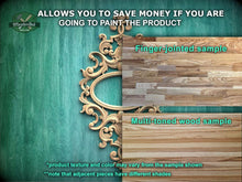 Load image into Gallery viewer, The image is a promotional advertisement for Master Oak Paint, featuring a close-up of a wooden surface with a decorative frame. The text on the image provides information about the paint product, including the ability to save money by painting the product, a finger-jointed sample, and a multi-toned wood sample. The text also mentions that the product texture and color may vary from the sample shown and that adjacent pieces have different shades.