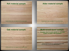 Load image into Gallery viewer, four different types of wood samples, each with a label indicating the type of wood used.