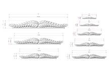 Load image into Gallery viewer, various sizes of wing-like sculptures, each with different dimensions and measurements. The sculptures are depicted in a 3D rendering, showcasing the intricate details and craftsmanship.