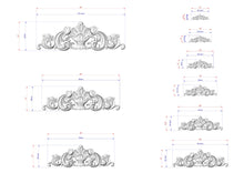 Load image into Gallery viewer, a series of ornate, decorative designs or patterns, each accompanied by a set of measurements in millimeters. The designs vary in size and complexity, showcasing the intricate details and craftsmanship involved in their creation.
