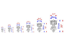 Load image into Gallery viewer, A series of images depicting various sizes of ornate metal sculptures or carvings, each with its own unique design and measurements.