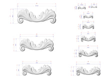 Load image into Gallery viewer, a collection of various sizes of decorative scrollwork or ornamental designs, each with its own unique measurements and scale. The designs are depicted in a detailed and realistic manner, showcasing the intricate details and craftsmanship involved in their creation.