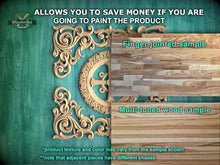 Load image into Gallery viewer, The image is a promotional advertisement for Master Oak Paint, showcasing a variety of wood samples. It features a wooden panel with a decorative design, a finger-joined sample, and a multi-toned wood sample. The text on the image provides information about the product, including the possibility of saving money by painting the product, the sample's texture and color, and the fact that adjacent pieces have different shades.