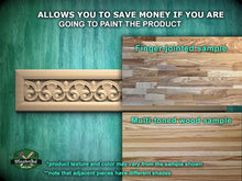 Load image into Gallery viewer, The image is a promotional advertisement for a product, specifically a type of wood sample. It features a close-up of a wooden panel with a decorative design, a finger-jointed sample, and a multi-toned wood sample. The text on the image provides information about the product, including that it allows you to save money if you are going to paint the product, and that the product texture and color may vary from the sample shown. The image also mentions that adjacent pieces have different shades.