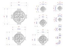 Load image into Gallery viewer, various sizes of a decorative design, including a central circle and smaller circular shapes surrounding it. The image is a technical drawing with measurements and dimensions provided for each design element.