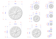 Load image into Gallery viewer, a series of images depicting various sizes of white flower-shaped designs, each with its own set of dimensions and measurements.