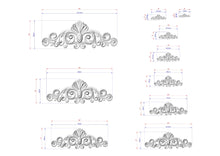 Load image into Gallery viewer, a collection of ornate, decorative designs with intricate scrollwork and floral elements. The designs are presented in various sizes, ranging from small to large, and are accompanied by detailed measurements in both inches and centimeters. The image is a collage of multiple images, showcasing the different sizes and styles of the ornamental designs.