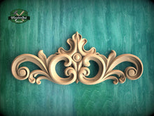 Load image into Gallery viewer, Ornate Scroll Crest with Central Bloom – Decorative Wood Accent