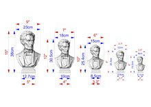 Load image into Gallery viewer, a series of busts of a person, each with different measurements and sizes, ranging from 9" to 3" in height. The busts are arranged in a row, with the tallest one on the left and the shortest one on the right. The image provides a visual representation of the varying sizes of the busts, likely used for comparison or artistic purposes.