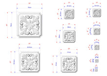 Load image into Gallery viewer, a collection of square-shaped decorative elements, each with its own unique design. The elements are accompanied by their respective dimensions, providing a clear visual representation of the size and scale of each piece.