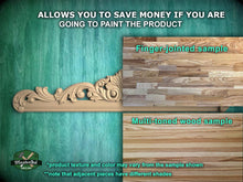 Load image into Gallery viewer, The image is a promotional image for a product, specifically a multi-toned wood sample. It features a close-up of the wood sample and a finger-jointed sample, showcasing the different textures and colors of the wood. The text on the image provides information about the product, including that it allows you to save money if you are going to paint the product, and that the product texture and color may vary from the sample shown. The image also mentions that adjacent pieces have different shades.