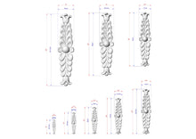 Load image into Gallery viewer, a collection of scale drawings of decorative elements, such as a flower-like design, against a white background. The drawings are labeled with measurements in millimeters, providing a clear visual representation of the size differences between the various elements.