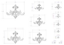 Load image into Gallery viewer, a collection of ornate, decorative designs in a 3D style, including various sizes and shapes of floral or scroll-like patterns. The designs are accompanied by measurements and dimensions, providing a visual representation of the intricate details and proportions of the artwork.