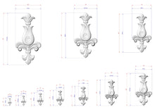 Load image into Gallery viewer, a collection of three white floral-shaped sculptures, each with a detailed design and measurements provided. The sculptures are arranged in a grid format, with each row representing a different size. The image is a technical drawing or diagram, likely used for scale or design purposes.