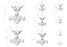 Load image into Gallery viewer, a collection of three-dimensional models of ornate, decorative objects, including a chandelier and a vase, each with detailed measurements and scale drawings.