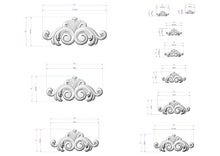 Load image into Gallery viewer, a series of decorative scrollwork designs, each accompanied by a set of measurements in millimeters. The designs vary in size, ranging from small to large, and are arranged in a grid-like pattern. The measurements provide a visual representation of the scrollwork's dimensions, allowing for a clear understanding of the scale and proportions of each design.